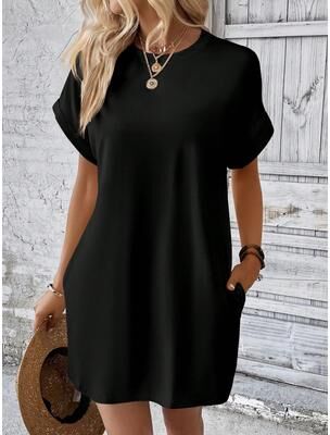 Women Boutique Women Plain Pocket Batwing Sleeve Tee Dress, Summer Dresses, Casual Round Neck Roll Up Sleeve Dress For Women Versatile black l