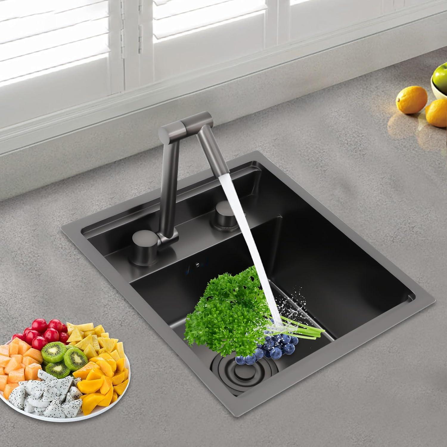 Küchenspüle 43 x 39 cm, modernes Spülbecken mit klappbarem Wasserhahn und Deckel, geeignet für Küche, Haushalt und Restaurant (Schwarz)