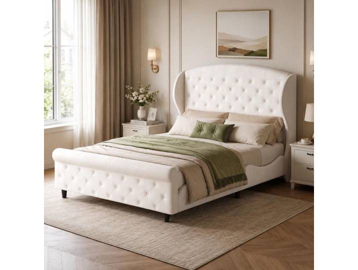 Lit double capitonné 140×200 cm style traîneau lit adultes décoration boutons cadre de lit 140×200 sommier à lattes Velours Beige