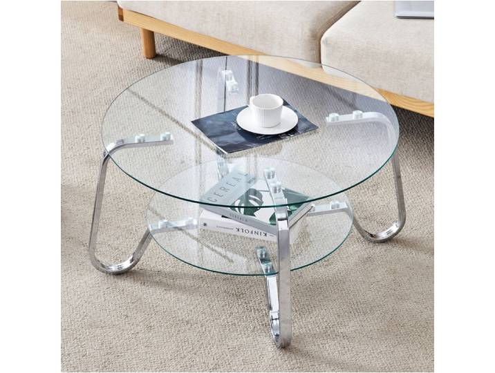 Maisentiel Table basse ronde 80 cm en verre trempé structure métallique argentée double plateau salon
