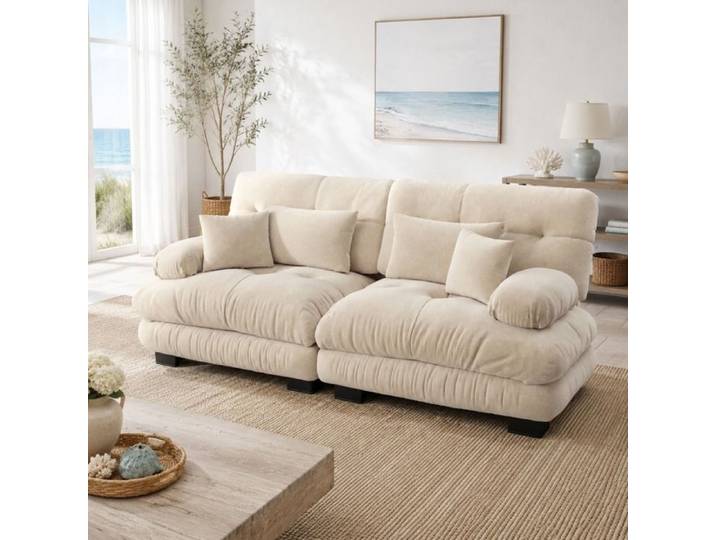 PENQUR Canapé droit modulable 2 places en chenille 220 cm marron clair avec 4 coussins