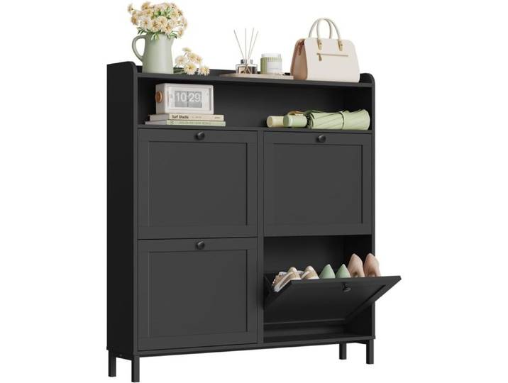 WOLTU Meuble à Chaussures Armoire à Chaussure à 4 Portes Abattantes Compartiment Ouvert Meuble d'Entrée Noir