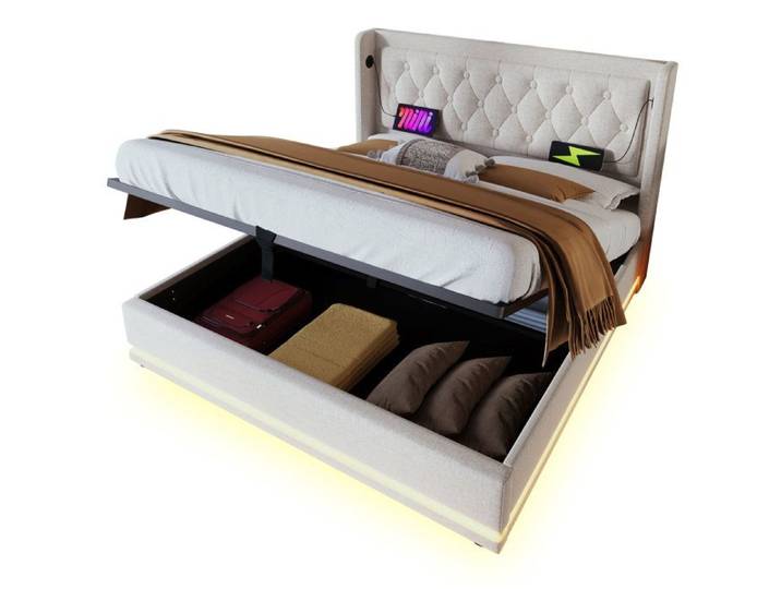 Polsterbett Doppelbett 160x200 cm beige Baumwolle mit hydraulischem Stauraum und USB Typ-C Ladefunktion