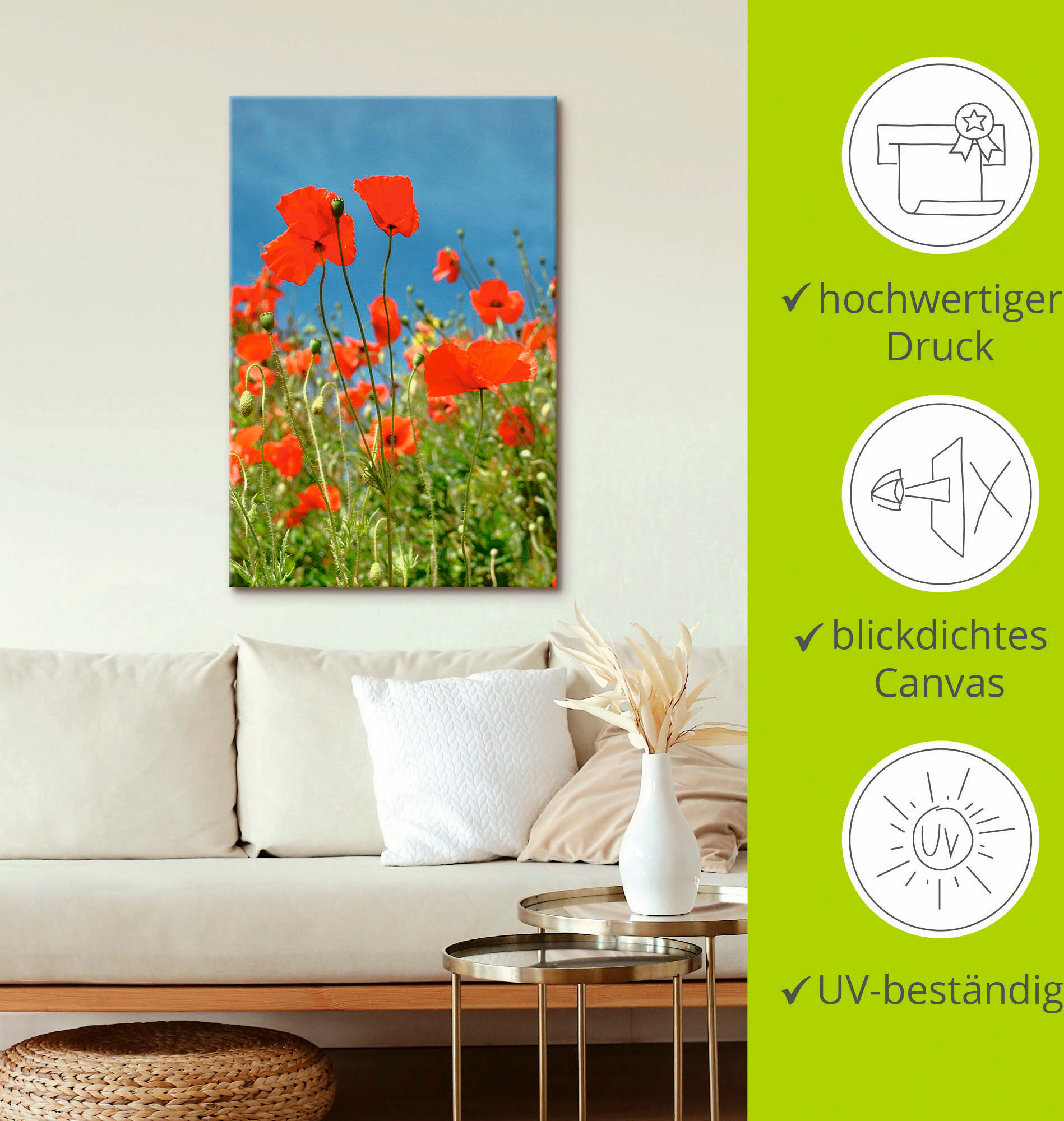 Leinwandbild ARTLAND "Feld mit rotem Klatschmohn", rot (farbe bild(er): rot), B:40cm H:60cm, Bilder, Leinwandbild, auf Holzrahmen gespannt farbe bild(er): rot B/H/T: 40cm x 60cm, Leinwandbild Blumen Hochformat, 1 Stk.