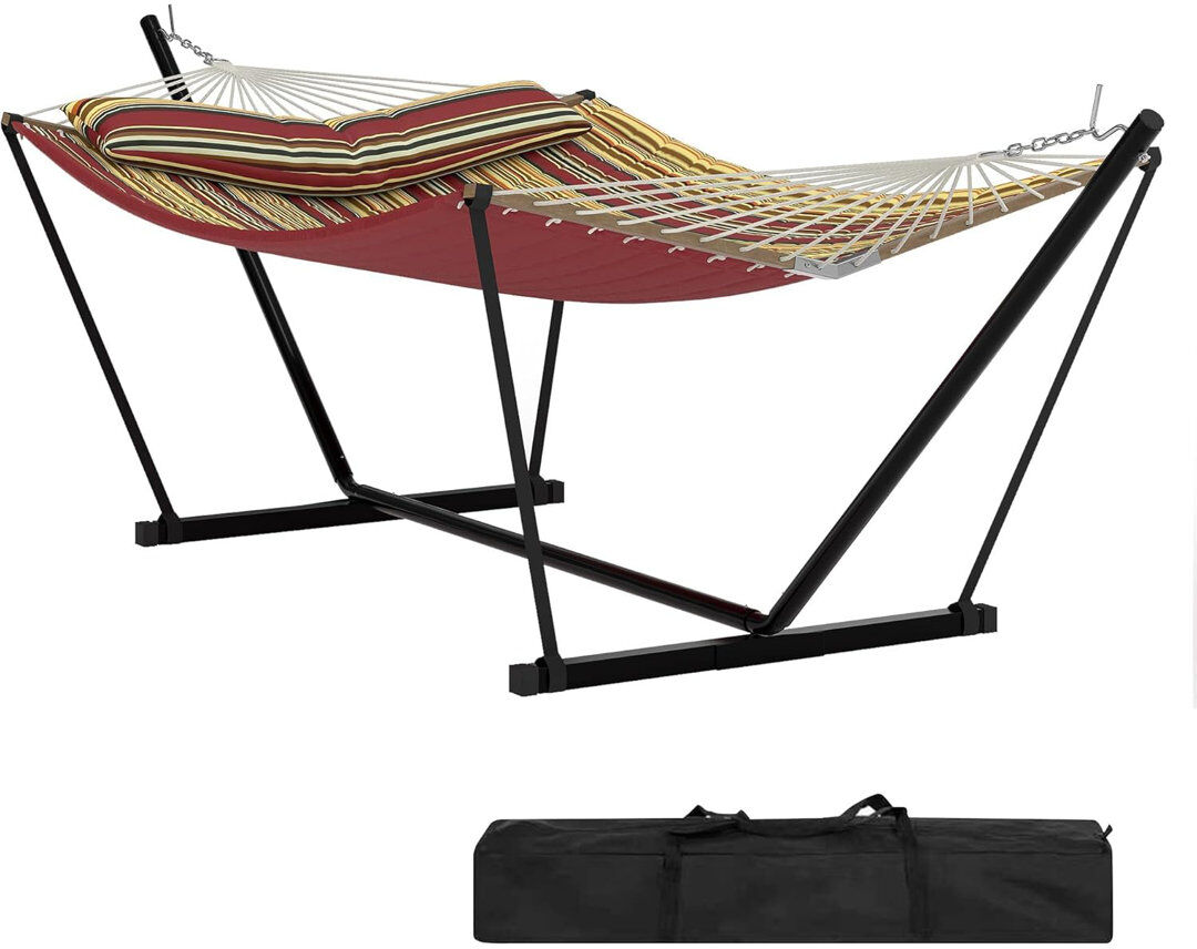 Rebrilliant Double Hammock with Stand, 204KG Capacity Heavy Duty Hammock with Quilted Net, Detachable Pillow & Storage Bag, Portable for Patio, Pool, Garden and C Red 140cm 370cm