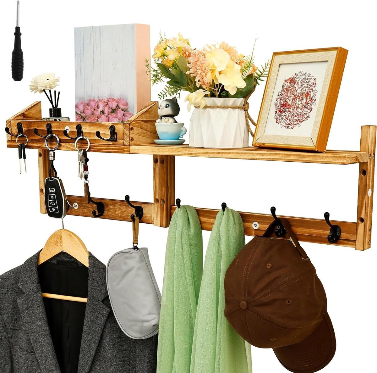 Houten Sleutelrek Wandorganizer met Bovenste Plank in Natuurhoutkleur