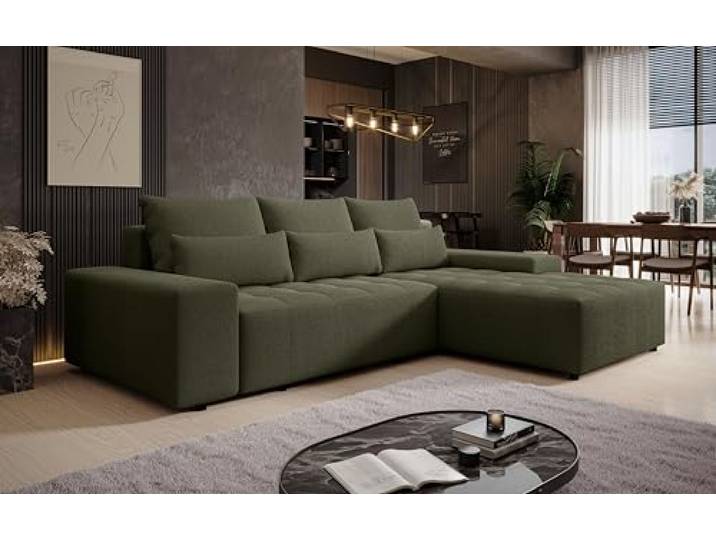 AXLIVING Ecksofa mit Schlaffunktion Alvorada 280 cm dunkelgrün Eckcouch mit Bettkasten und Schlaffunktion. Sofas mit Ottomane, Ecksofas mit Federkern. Wellenfedern. T30-Schaum.