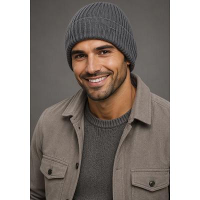 Strickmütze BRUNO BANANI, Herren, grau (grau melange), Grobstrick, Kunstfaser, kontrastfarbene Details, meliert, Mützen Strickmütze, mit dezentem Marken-Metall-Label