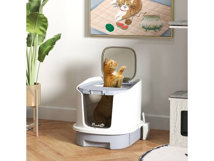 PawHut Maison de Toilette Chat Fermée avec Porte Gris