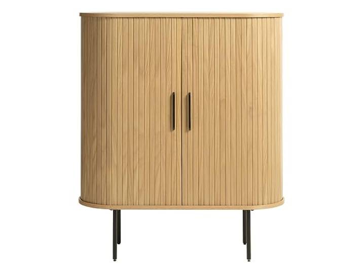 Trendstore Uriel Highboard in Lamellenoptik, Schiebetüren, moderner Retrolook, Lamellen-Design, Metallakzente, praktische Metallfüße, 2 Einlegeböden, Wohnzimmer, Lamellen Eiche Furnier Natur