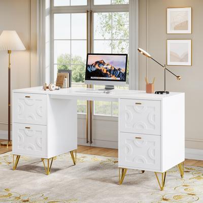 BLUEBELL White Computer Desk with File Drawers, 59'' Modern Home Office Desk