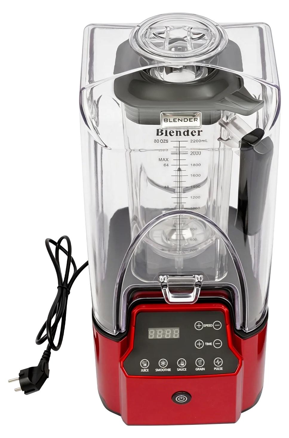 Smoothie-Mixer - Professionelles Gewerbemodell - 2200 W, 2,2 l, 220 V - Touch-Bedienung - Schallschutzhaube - Unter 70 dB - EU-Stecker - Rot/Schwarz/Klar