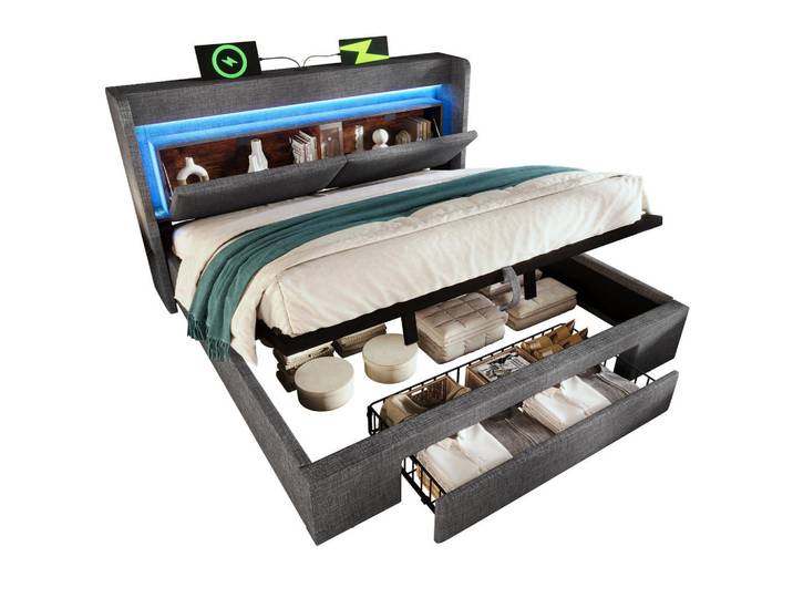 Okmyhome Polsterbett 140/200 cm Grau aus Leinen mit Stauraum, Rechteckig, 140x200 cm, Schlafzimmer, Betten, Polsterbetten