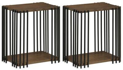 Costway Rubber Wood Side Table Set of 2 with 2-Layer Storage Shelves and Metal Frame-Walnut
