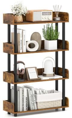 Costway 4-Tier Bookshelf Open Bookcase with Anti-Tipping Kit Industrial Storage Unit-Rustic Brown