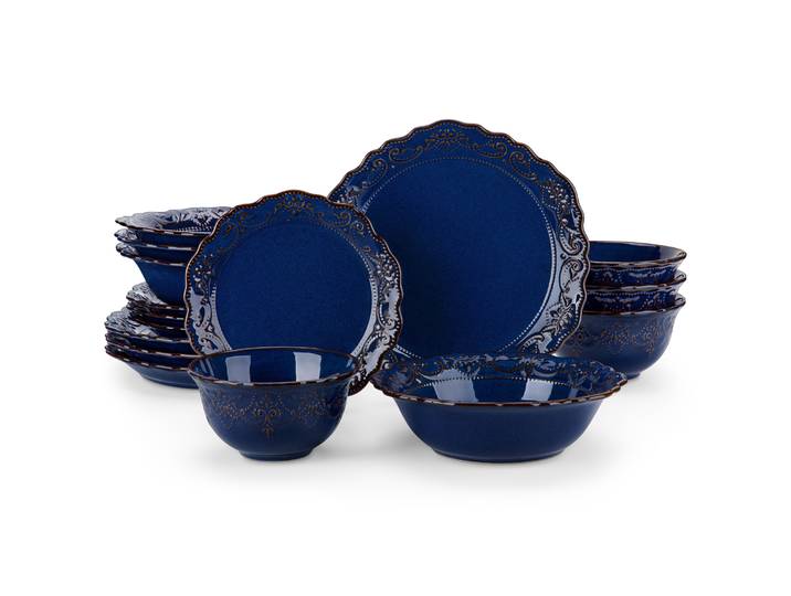 MALACASA – assiettes à glaçure réactive bleue en Relief, 16 pièces, service de table en céramique avec 4 assiettes à dîner/dessert/bol/soupe