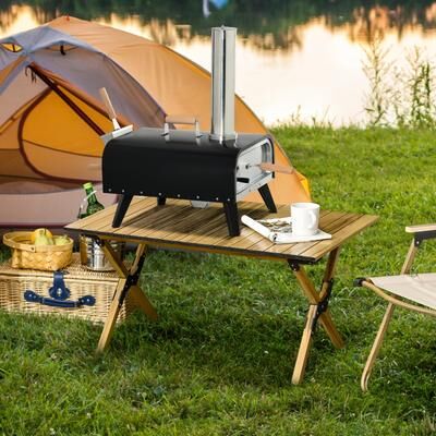 "Outsunny Outdoor Pizza Oven with 12"" Rotating Stone, Peel and Cover, Portable Pellet Wood Fired Pizza Maker with Foldable Legs"