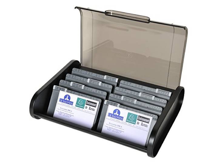 Exacompta - Réf. 68114D - Fichier pour cartes de visite - livré avec 8 intercalaires alphabétiques avec cavaliers - peut contenir 400 cartes de visite - dim 18x24\,5x6 cm - couleur noir/gris souris