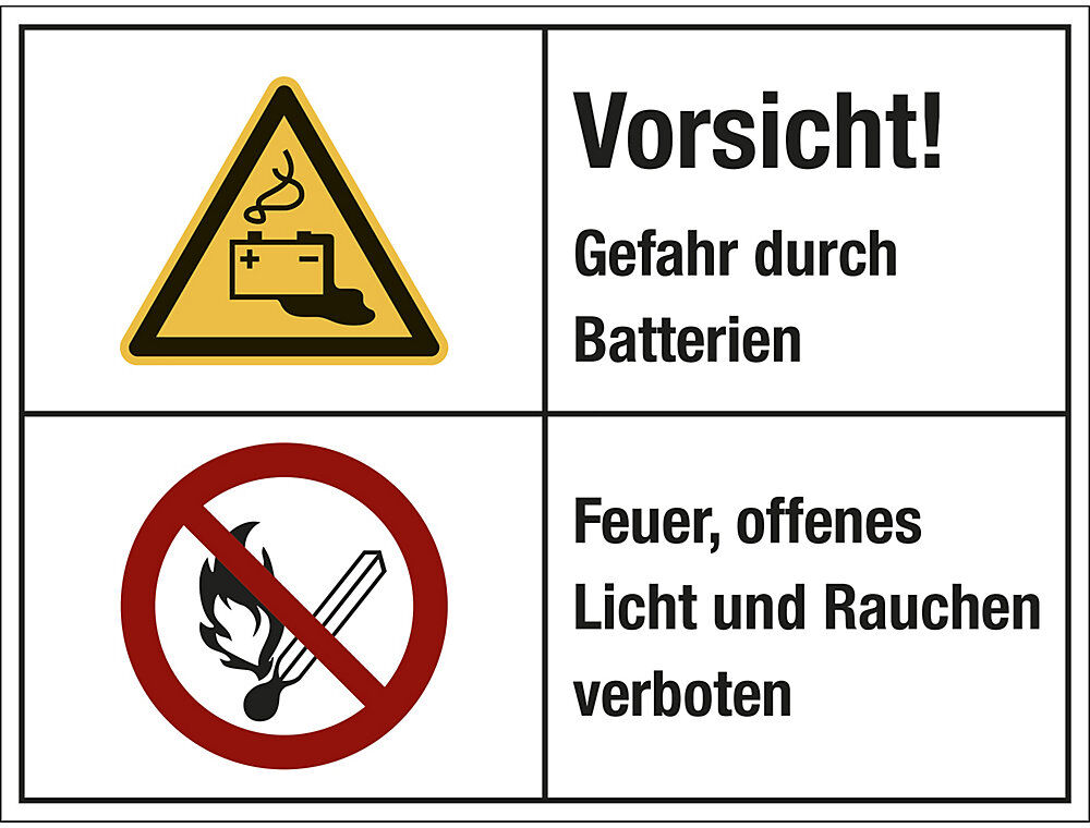 kaiserkraft Kombischilder, Vorsicht! Gefahr durch Batterien / Feuer, offenes Licht und Rauchen verboten, VE 10 Stk, Folie, LxH 200 x 150 mm