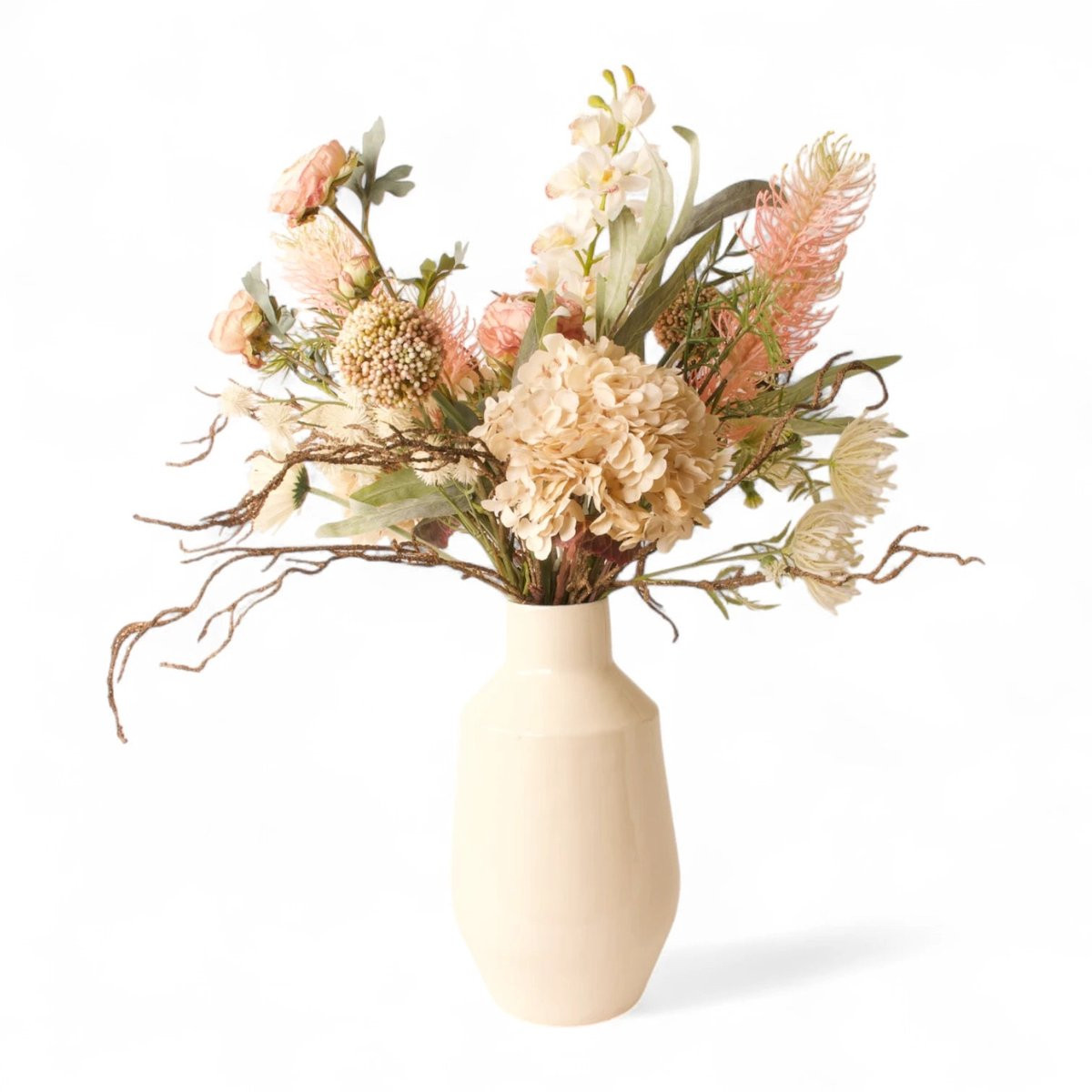 WinQ Zijden Boeket Crème met Roze inclusief Vaas - Gebonden boeket kunstbloemen