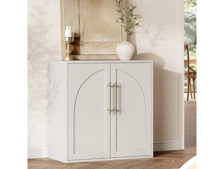 Buffet en bois arqué - Rangement polyvalent - 2 étagères réglables - Poignées laiton - Anti-basculement - Cuisine/salon/entrée