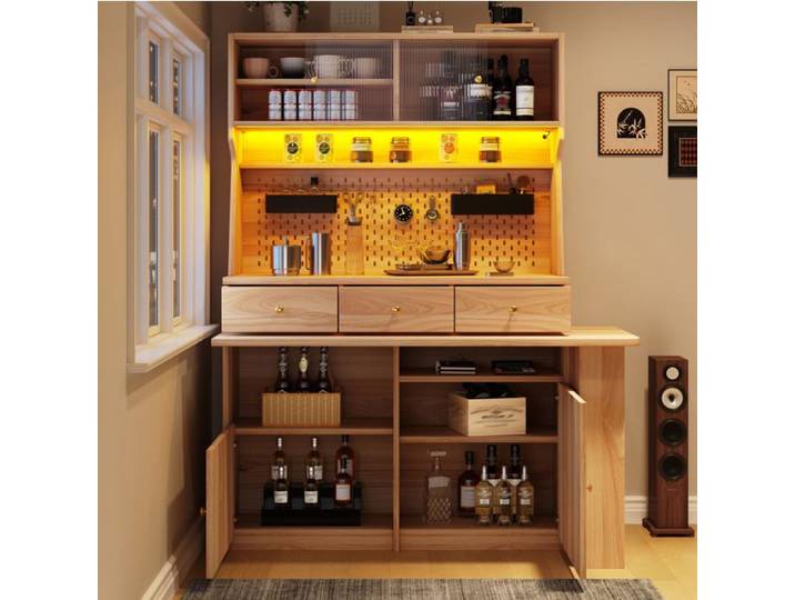 Buffet haut vitrine AESVAR avec bureau intégré LED et portes vitrées coulissantes 137 x 74 x 177 7 cm naturel