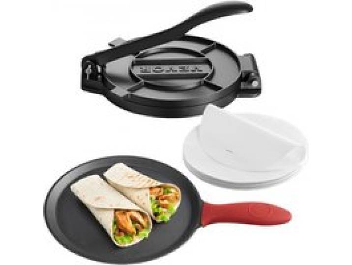 VEVOR Tortillapresse Taco Presse (25 cm) aus Graueisen, robuste Pataconera-Maker mit Griff & 100 Stk. Pergamentpapier, Teig-Presse für Tortilla, Kolumbianische Pataconera professionelle Roti Maker