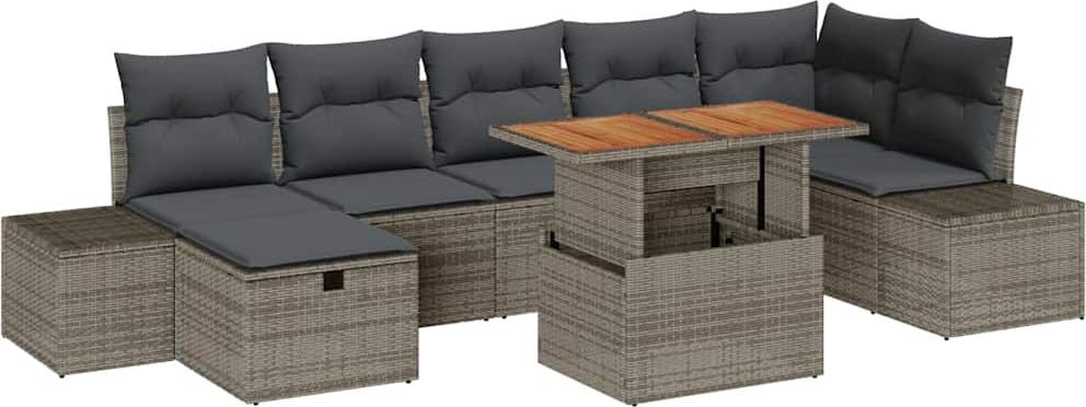 Gartenmöbel-Set, modulare Garten-Sofa-Gruppe mit Staufunktion, Poly-Rattan & Akazienholz, höhenverstellbarer Tisch, 7 Sitzplätze, Grau