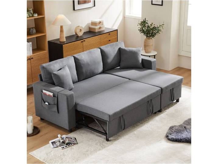 JOINERY Canapé convertible d angle réversible avec coffre de rangement lin gris foncé 2 coussins salon chambre 219 5 cm