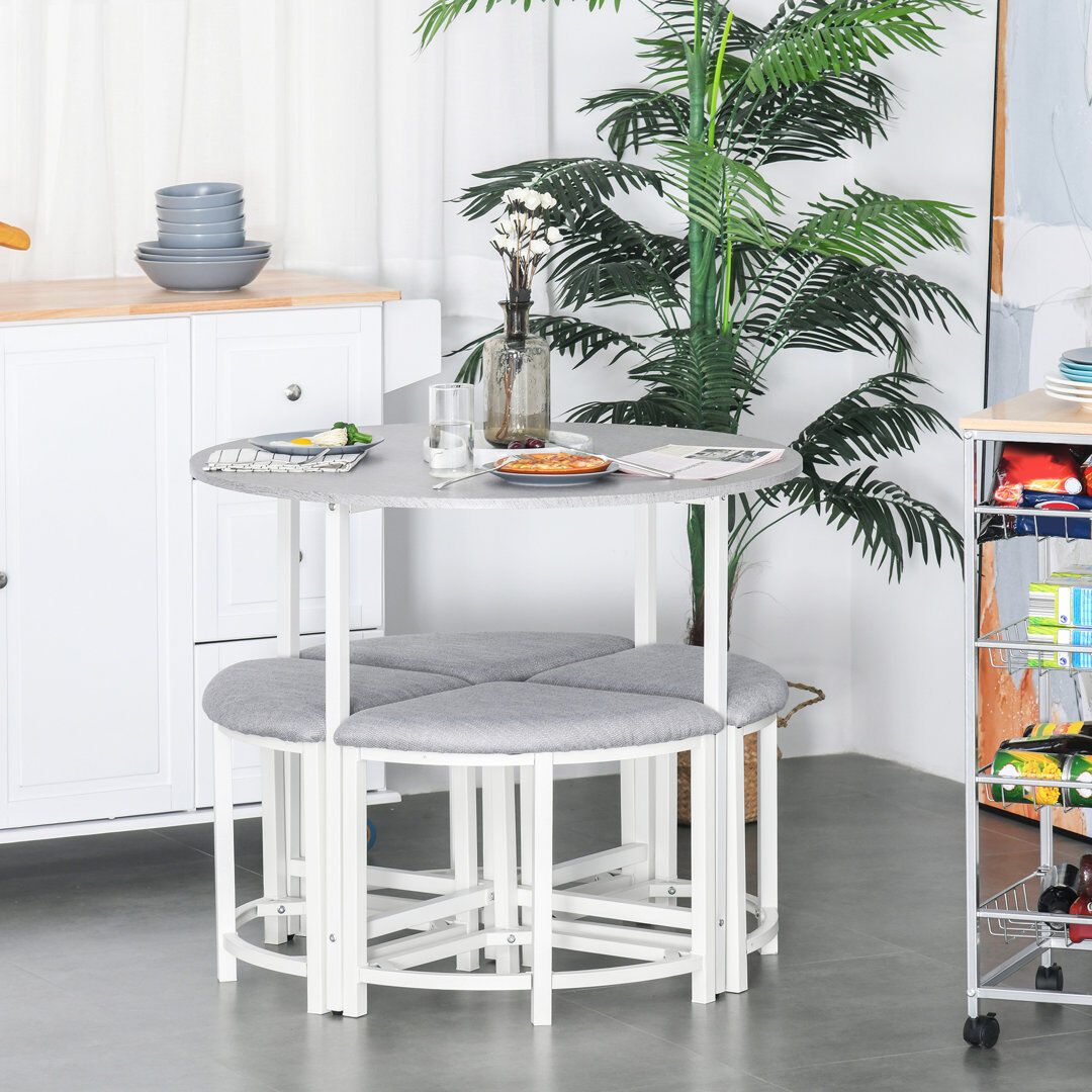 17 Stories Balwant Modern Round Dining Table Set with 4 Upholstered Stools for Dining Room Gray 4