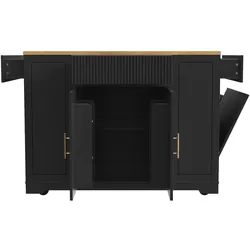 MODFU Kücheninsel MDF Schwarz mit Holzoptik 120x50x92 cm, Rollen, Mülleimerfach, 2 Türen, 3 Schubladen