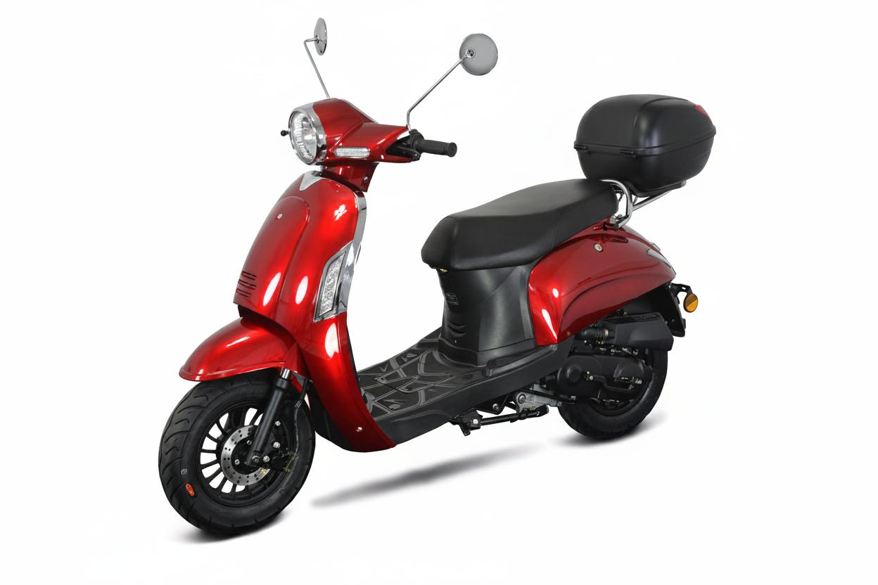 Motorroller Massimo 50ccm 25km/h Euro 5, rot mit schwarzen Top Case