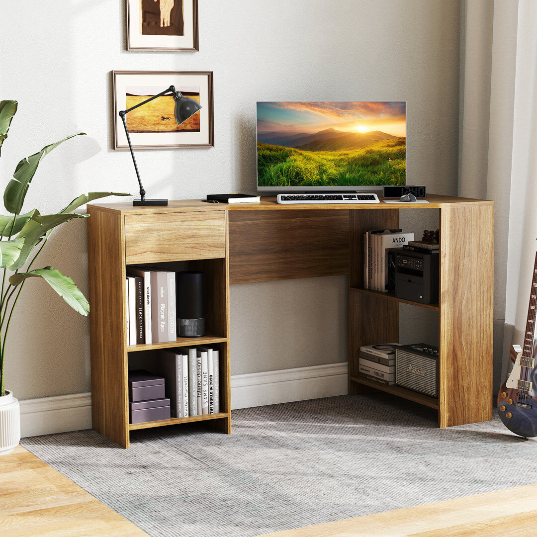 17 Stories L-Shaped Computer Desk Compact Corner Executive Desk W/Storage-White Natural