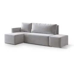 ECKSOFA VELOTTI L-S Hellgrau Plüsch-Stoff mit Schlaffunktion