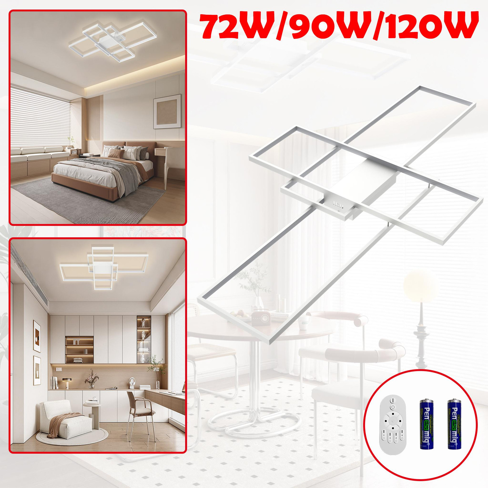UISEBRT Moderne Witte Geometrische LED Plafondlamp met Afstandsbediening, 72W, 5040 Lumen