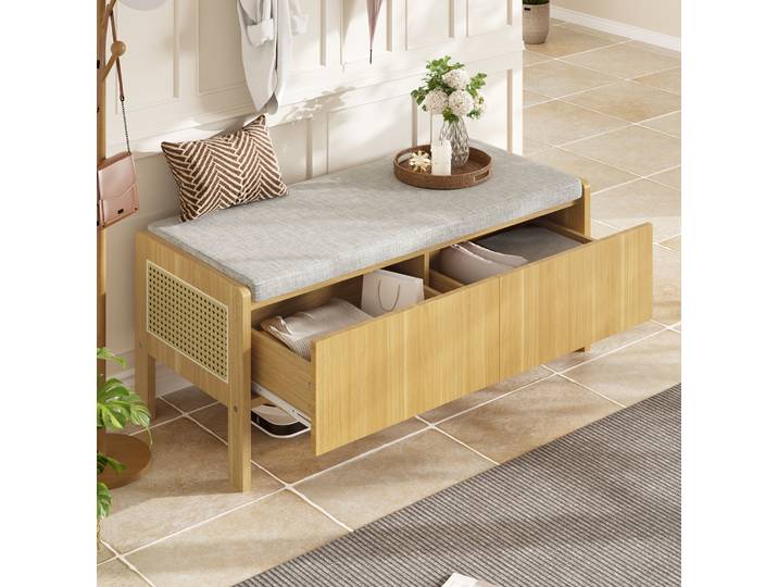 Banc A Chaussures De Rangement 113x40x45\,5 Cm En Bambou Et Mdf\, Assise Tissu Gris\, Naturel