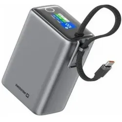 Swissten 22013977 Reise-Powerbank 25000 mAh mit integriertem USB-C-Kabel 100W grau (25000 mAh, 100 W, 96.25 Wh), Powerbank, Grau