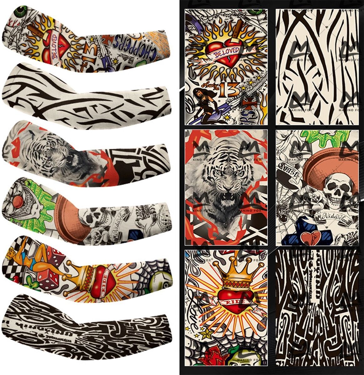 INF Tattoo-Armstulpen 6er-Pack - Nahtlose Polyester-Print-Ärmel für realistischen Tattoo-Look, Atmungsaktiver Sonnenschutz für
