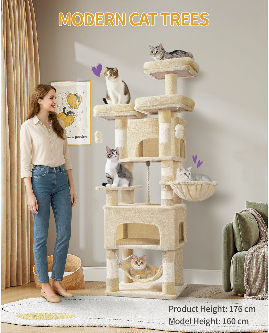 Archie & Oscar Cat Tree for Indoor Cats, 176cm Large Cat Tower, Multi-layer Scratching Post with 3 Platforms, 2 Caves, 7 Sisal Posts, Hammock, Pompoms, Heavy-Duty fo Beige 176cm H X 55cm W X 45cm D