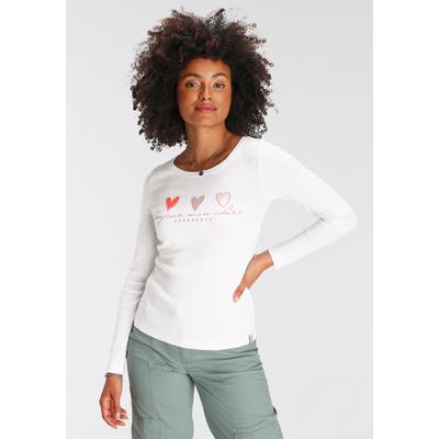 Longsleeve KANGAROOS, Damen, Gr. 44/46, weiß, Rippware, Obermaterial: 100% Baumwolle, bedruckt, unifarben mit Farbeinsatz, sehr figurbetont hüftbedeckend, Rundhals, Shirts, Langarm, sehr figurbetont und hüftbedeckend, mit Herzchen-Detail