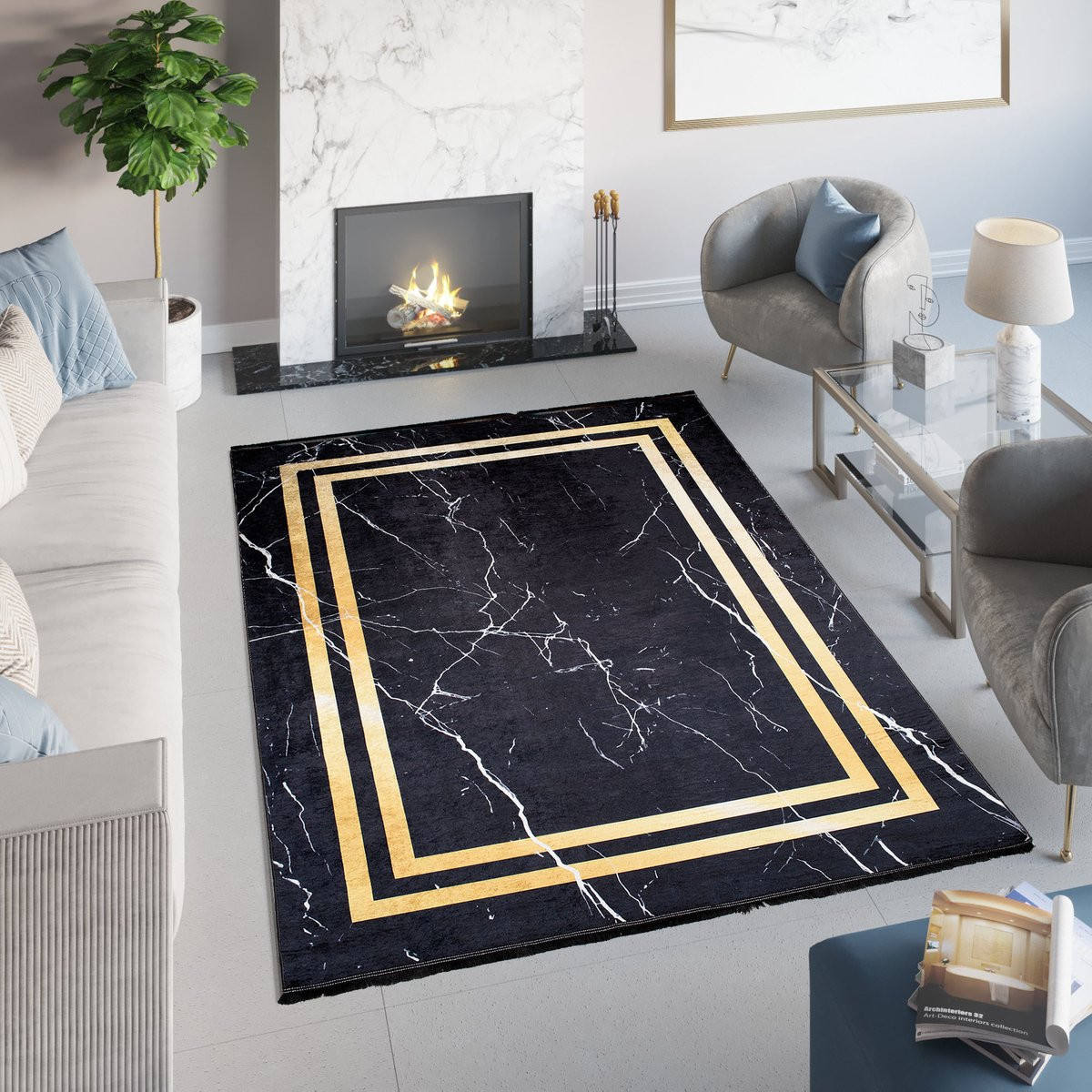 Tapiso Toscana Vloerkleed Kwastjes Zwart Goud B/D: 120 x 170 cm