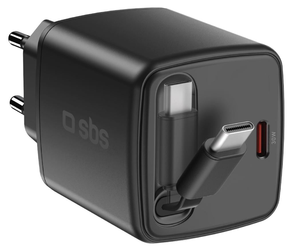 SBS GaN USB-C 30W-oplader met intrekbare kabel