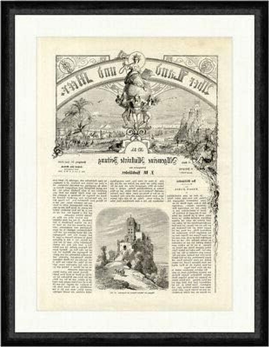 Wanddecoratie Kasteel Bronnen Print met Oude Houtsnede en Massief Houten Lijst, 36 x 46 cm
