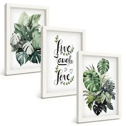 BILDER SET 3er Set - 20x30 cm Weißer Rahmen - Blattpflanzen leben, lachen, lieben