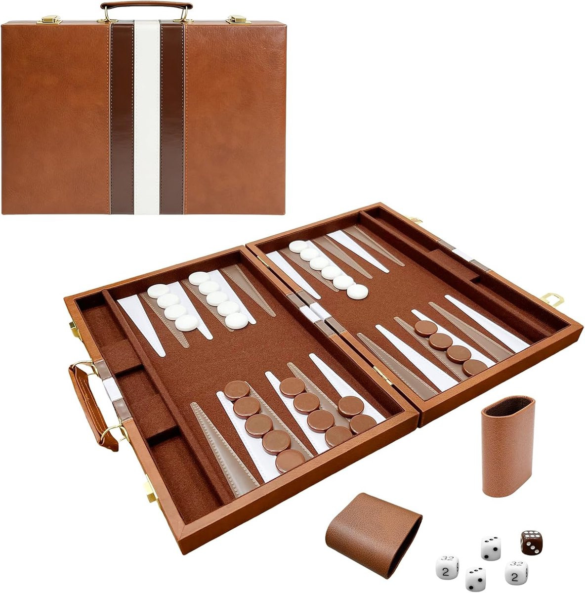 Luxe houten Backgammonspel voor 2 personen met opvouwbare leren koffer