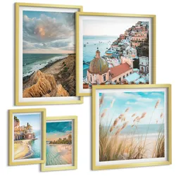 BILDER SET 5er Set - 50x50 cm & 20x30 cm & 40x60 cm Goldrahmen - Landschaften Strand Stadt Klippen