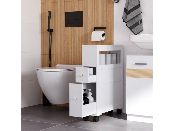 HOMCOM Armoire WC sur Roulettes 2 Tiroirs Blanc 16x52x71,5 cm