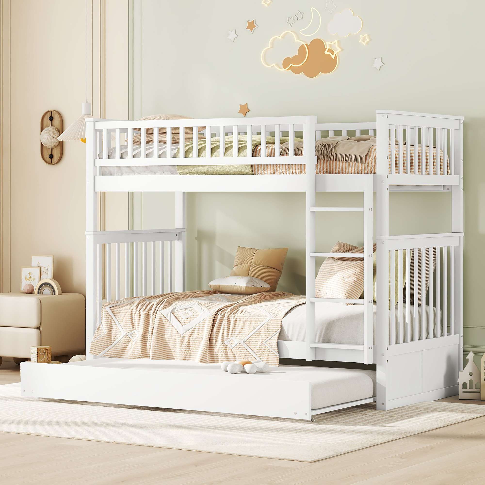 Merax Etagenbett 90x200cm mit Ausziehbett und Leiter, Erweiterbares Kinderbett mit Rausfallschutz und Lattenrost, Massivholz Jugendbett Hochbett, Weiß