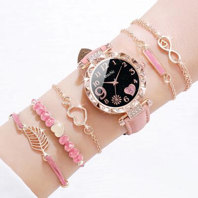 Multicon Wholesale Hub Fashion Heart Dial Analog Quartz Watch, Womens Casual Leather Band Watch With Leaf Bracelets Set Without Box 6pcs Set Without Box