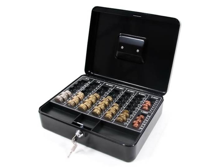 hjh OFFICE Geldkassette abschließbar mit Münzzählbrett und Griff, Stahl 30x24x9 cm, Euro-Münzbrett, Zylinderschloss mit 2 Schlüsseln, Schwarz